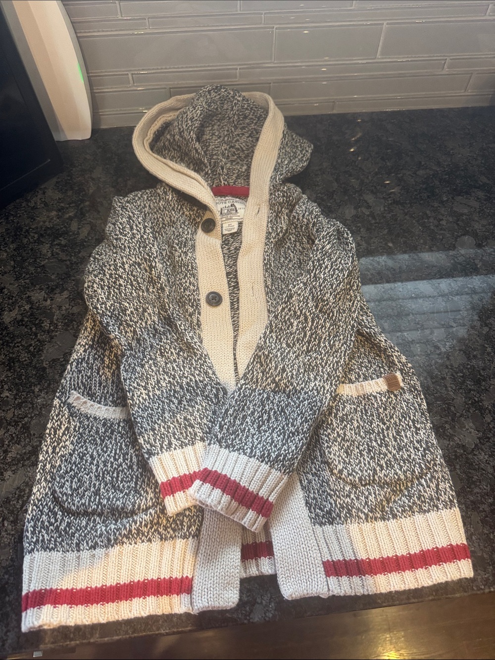 Roots Cabin Sweater - 5T Cozy Hooded Marled Cardigan Sweater with Stripe Trim